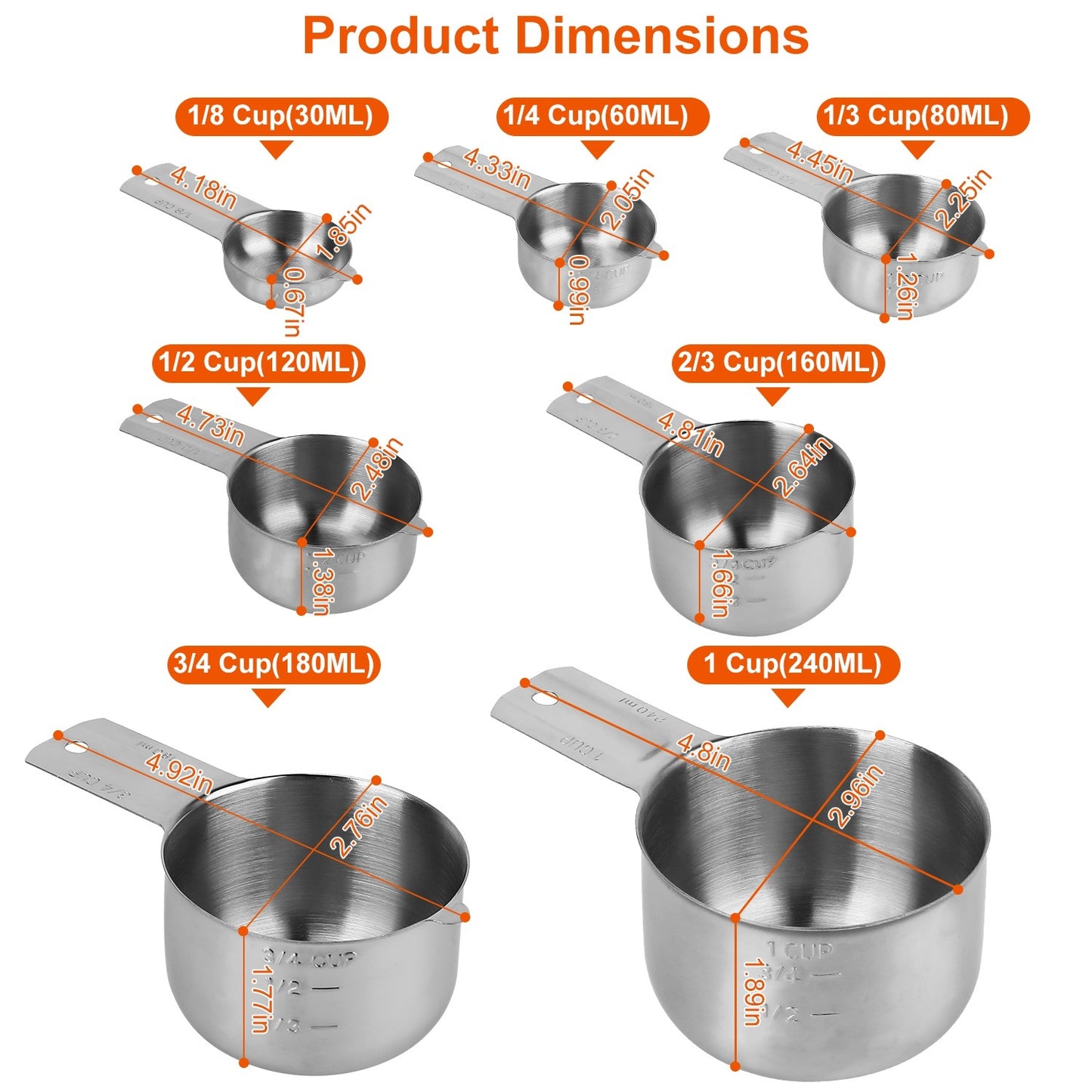 7Pcs Measuring Cups Stainless Steel Kitchen Measurement Tool