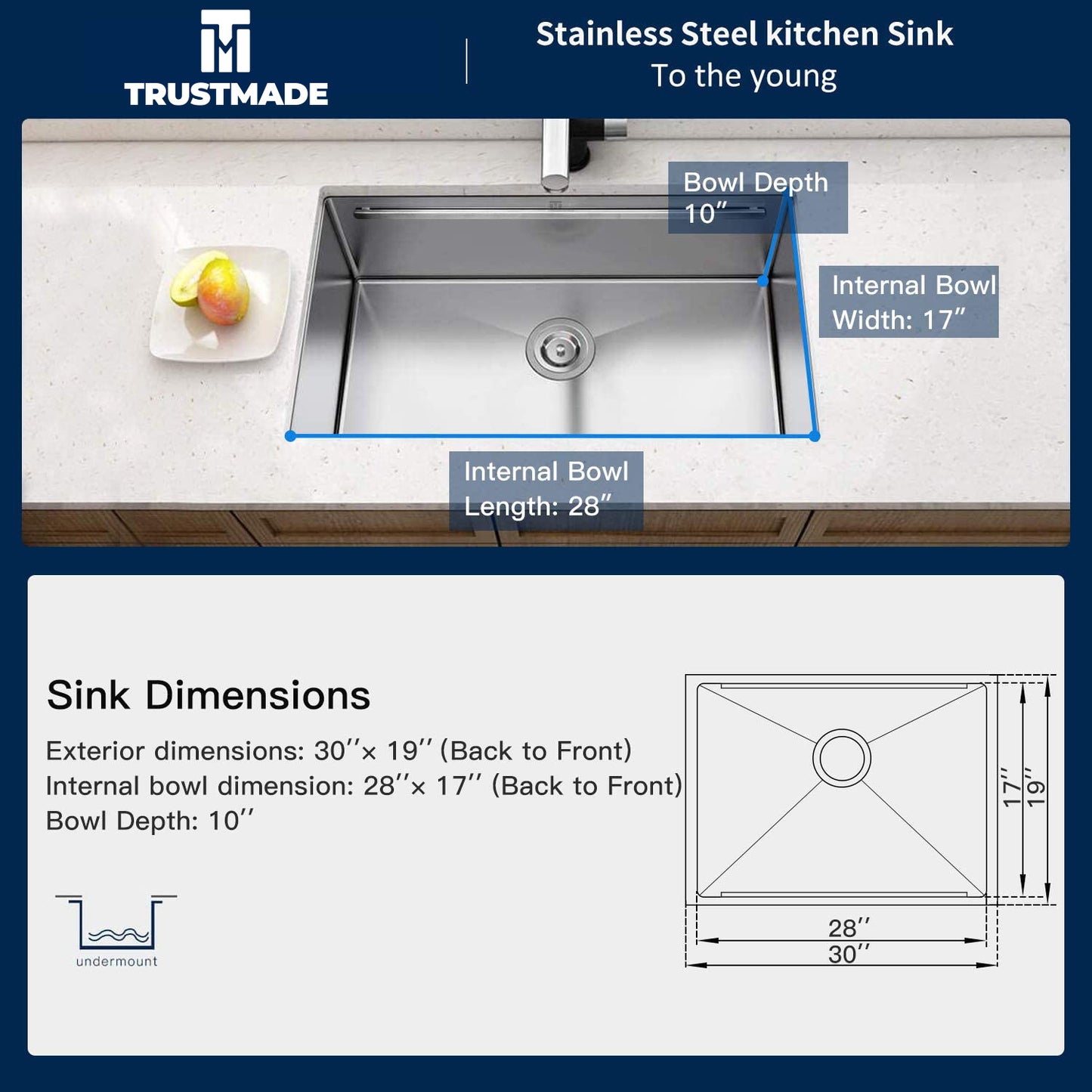 Trustmade 30" x 19" Workstation Ledge Handmade Undermount Kitchen Sink SUS304 Stainless Steel 16 Gauge Big Single Bowl Bar or Outdoor