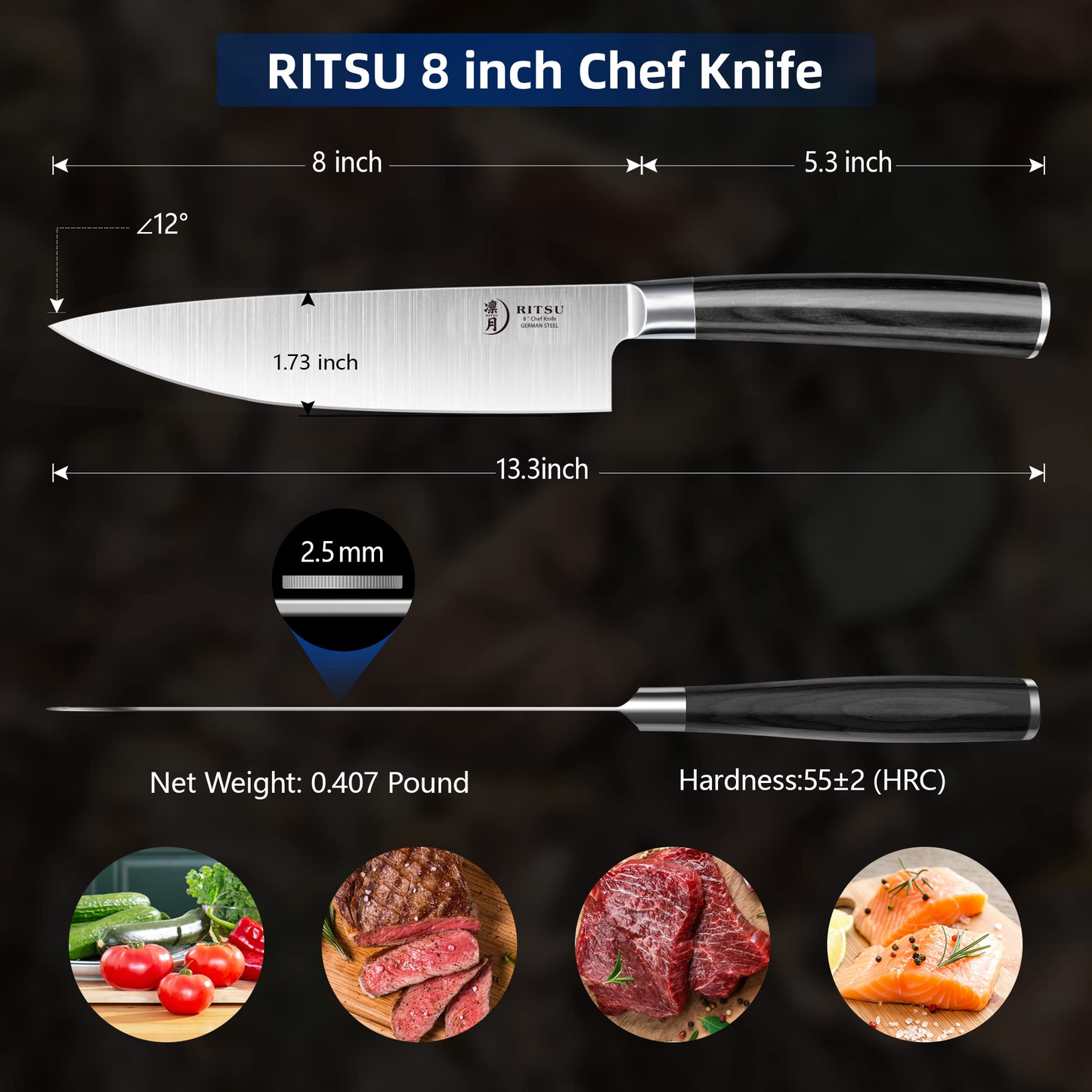 8 Inch Chef's Knife;  Professional Chef Knife;  Razor Sharp Kitchen Knife Made of German High Carbon Stainless Steel EN1.4116 with Premium G10 Handle and Gift Box