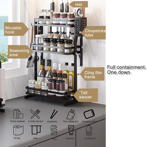 3 Tier Kitchen Spice Rack Condiment Organizer Countertop Storage Shelf for Jars Bottles Seasoning Rack with Hooks Paper Towel Holder